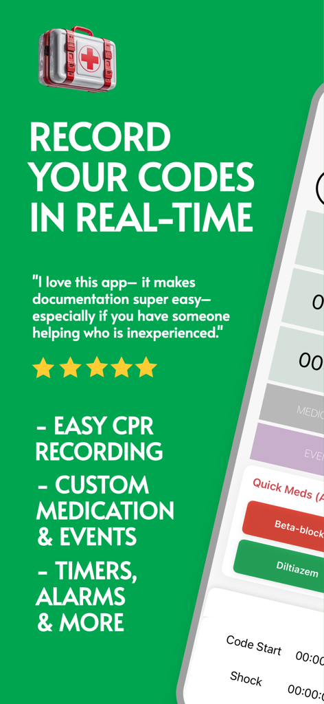 Code Runner Pro app features for real-time code recording, custom medications, and emergency timers with a five-star user review