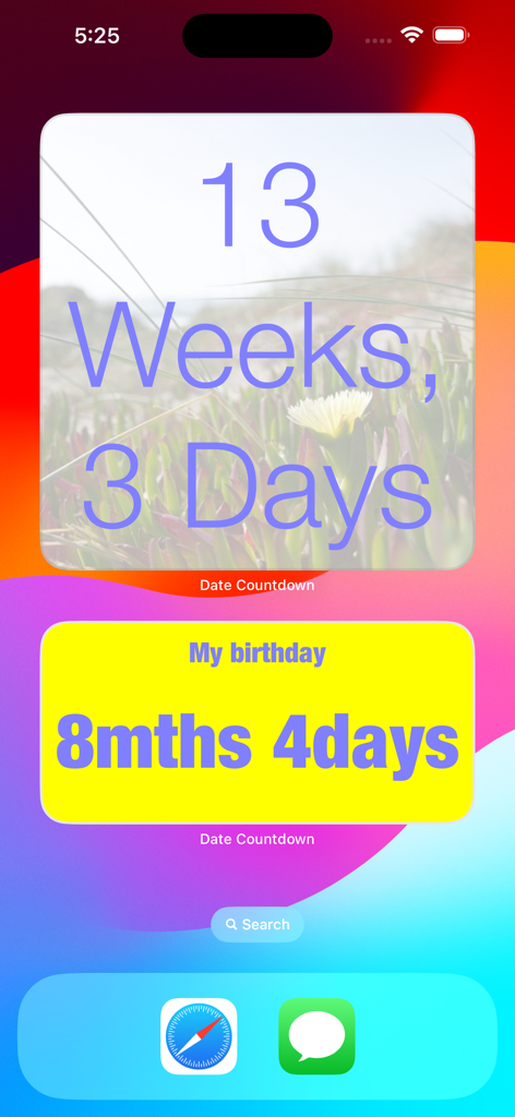 Date Countdown Widget - Two customized date countdown widgets on an iPhone home screen showing time until a birthday and other events