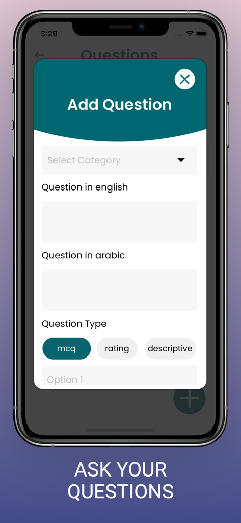 Hint App - Partner - Interfaz de la aplicación Hint Partner que muestra la pantalla Agregar Pregunta con campos de entrada multilingües y selección de tipo de pregunta para la gestión de comentarios.
