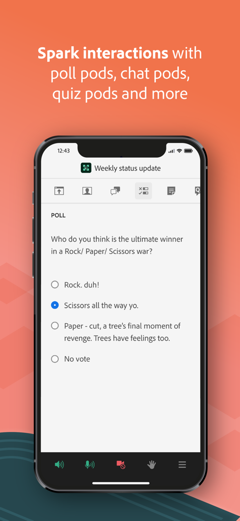 バーチャル会議中にインタラクティブな投票質問が表示されたAdobe Connectモバイルアプリ
