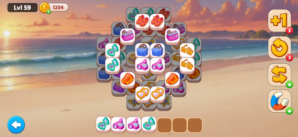 Dream Makeover - Match 3 Games - A tile-matching puzzle level in Dream Makeover featuring fashion-themed icons like shoes and lipstick against a beach sunset background
