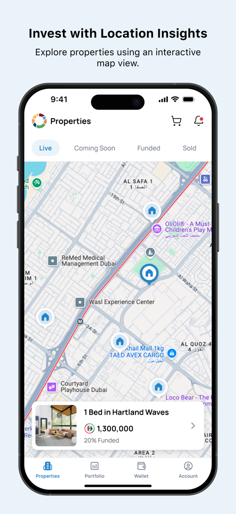 MAISOUR - ميسور - Mobile app interface of MAISOUR showing an interactive map of Dubai with property pins for fractional real estate investment