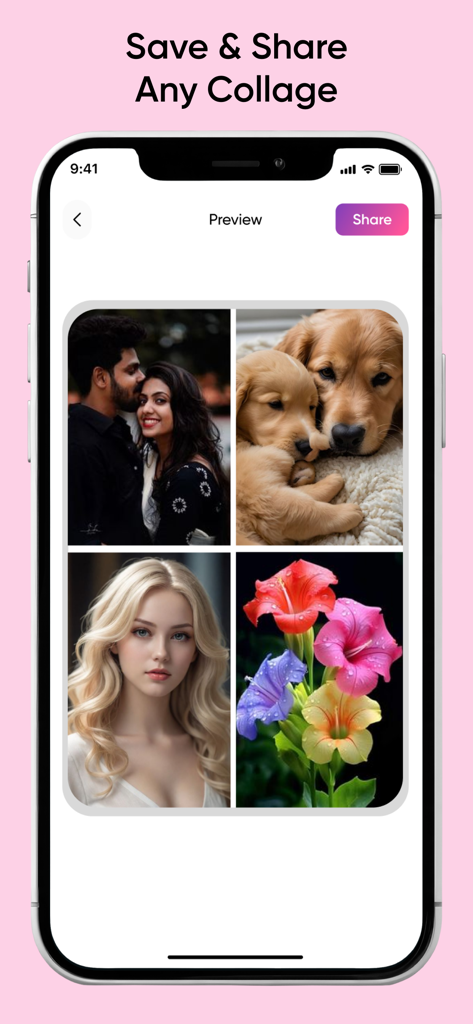 AI Collage Maker: Auto Collage - Una vista previa de collage de cuadrícula de cuatro fotos con un par de cachorros, un retrato y flores con un botón para compartir.