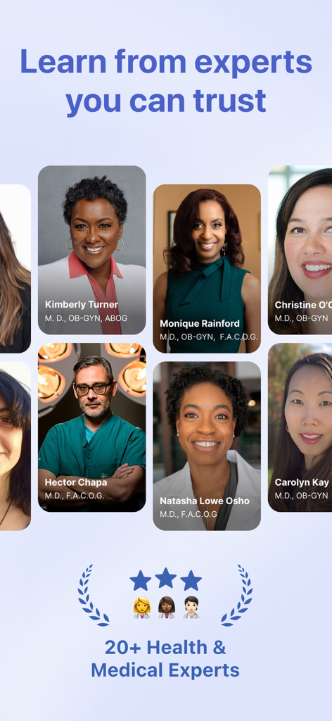Profili di esperti medici e ginecologi di fiducia dall'app Femia per fertilità e gravidanza