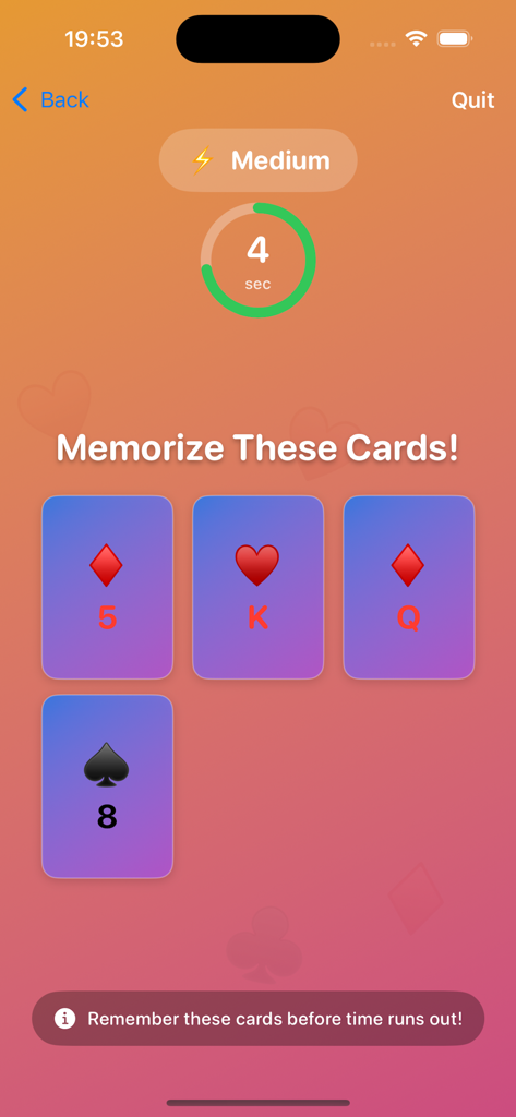 Schermata di allenamento della memoria di RankSagaCard che mostra quattro carte da gioco da memorizzare con un conto alla rovescia.