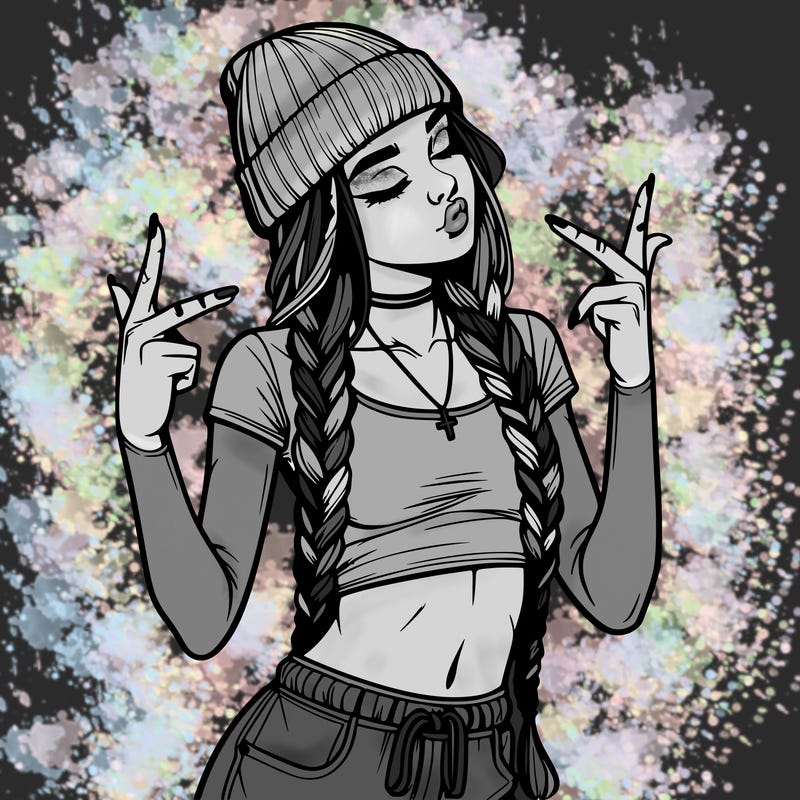 realistic teenage girl with braids and a beanie and crop top doing 🫶🏼