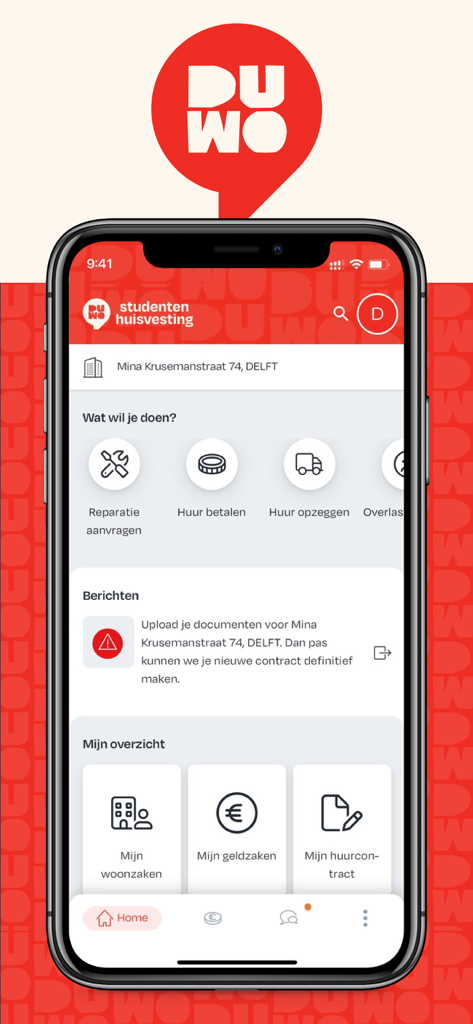 DUWO APP - Mobile interface of the DUWO app showing the home screen for student housing management including rent payments and repair requests