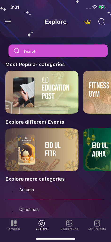 Poster Maker | Flyer Creator - Explore screen of the Poster Maker app featuring various flyer categories like education fitness and events