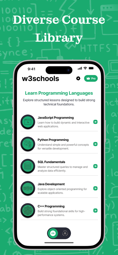 Pantalla móvil que muestra una biblioteca diversa de cursos de programación que incluyen JavaScript, Python, SQL y Java en la aplicación W3School.