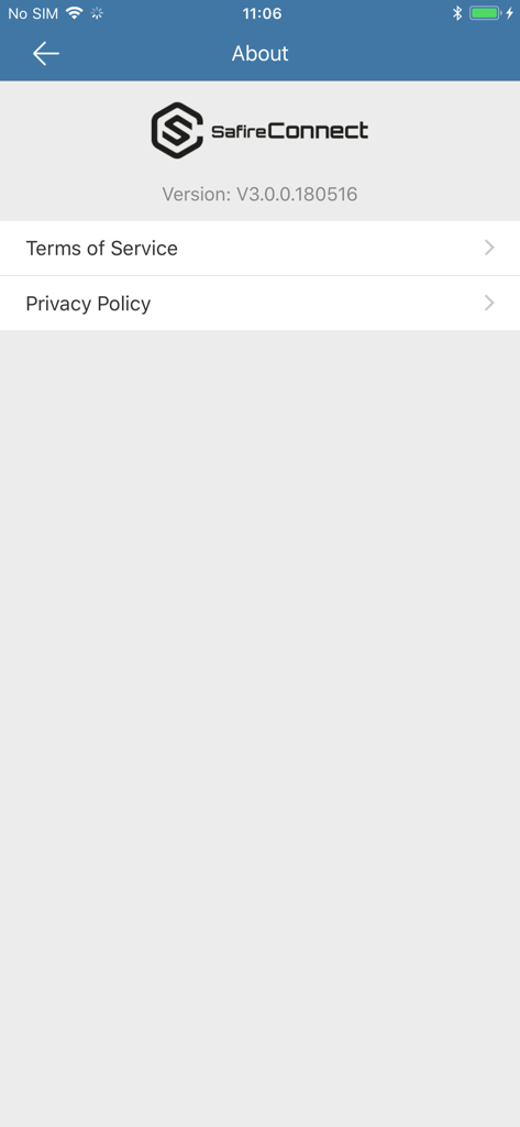 Safire Connect - Schermata Informazioni di Safire Connect che mostra il numero di versione e i collegamenti alle informazioni legali