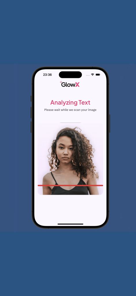GlowX app interface scanning a photo for AI face and beauty analysis