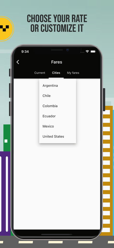 Un menú en la aplicación Taximetro GPS que muestra una lista de países como Colombia, México y Estados Unidos para seleccionar tarifas de taxi.