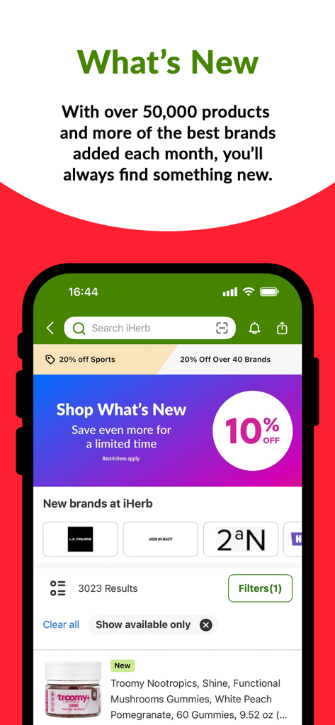 iHerb app interface showcasing new wellness brands, a ten percent discount offer, and search results for health supplements.