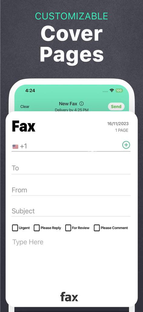 Customizable fax cover page interface on an iPhone app with fields for recipient and status checkboxes.