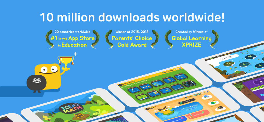 Todo Math - Todo Math 앱 배너는 1,000만 다운로드와 교육상을 보여주고 태블릿에는 게임 활동이 표시됩니다.