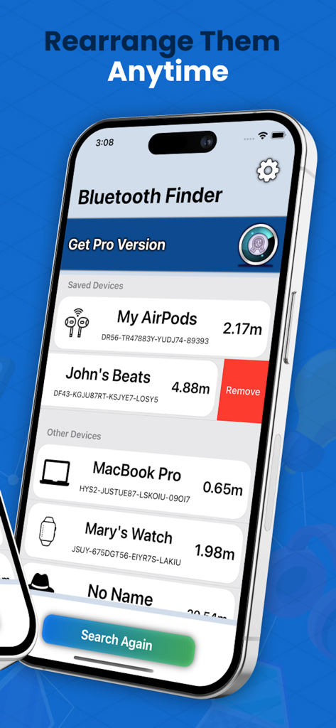 Bluetooth Scanner IO - Una pantalla móvil que muestra la aplicación Bluetooth Scanner IO con una lista de dispositivos rastreados y sus distancias.
