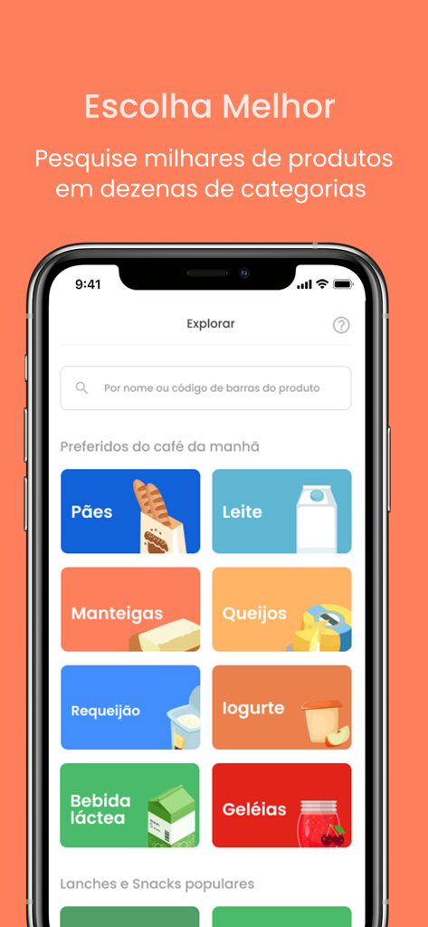 Desrotulando app interface showing food categories for healthy grocery shopping