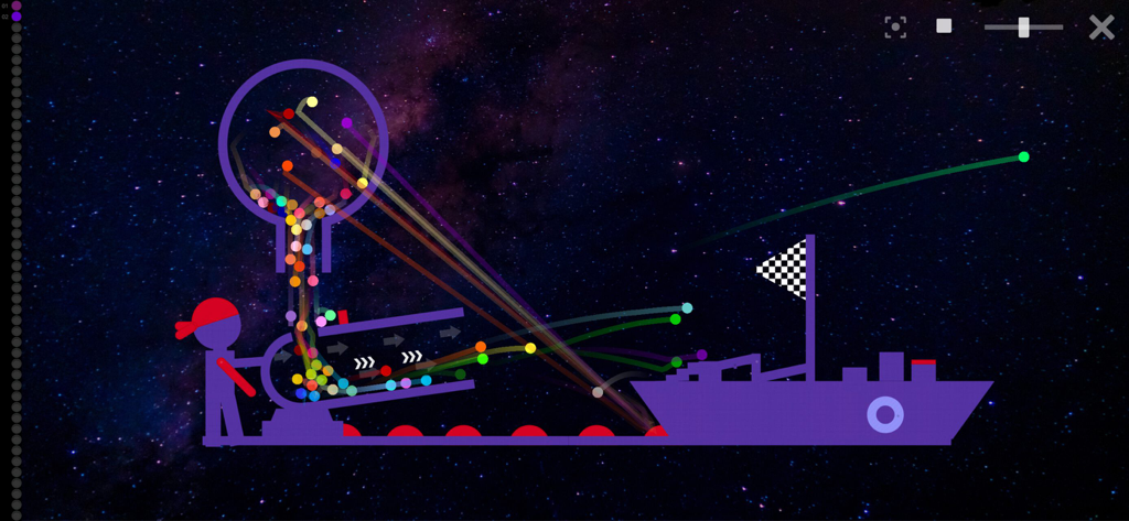 Canicas coloridas fluyendo a través de una pista personalizada en un juego de carreras de canicas con temática espacial.