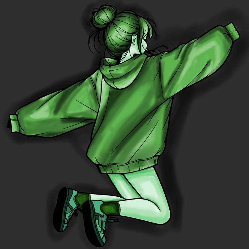 realistic girl jumping with a bun and oversized sweatshirt