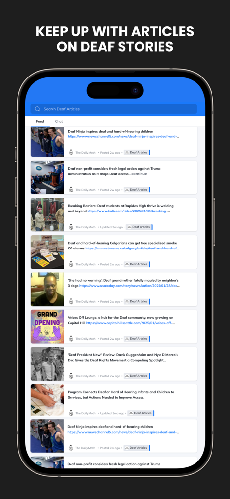 A feed of curated news articles and stories relevant to the Deaf community within The Daily Moth mobile app.