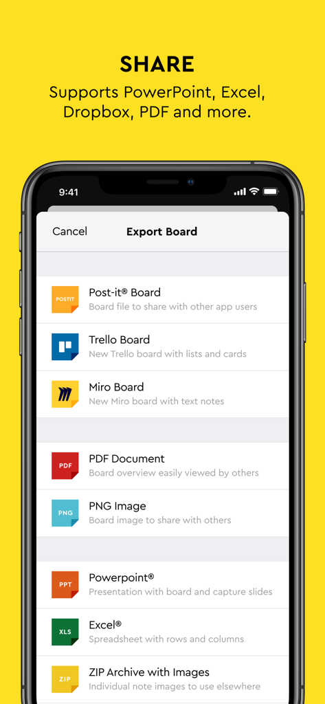 Post-it® - Screenshot della schermata Esporta Bacheca dell'app Post-it che mostra le opzioni di condivisione per Trello, Miro, PDF, PowerPoint ed Excel.
