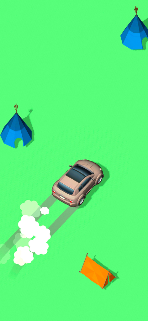 Car racing games snake drift - A car drifting on a green field with smoke trails past blue and orange tents in a simple racing game