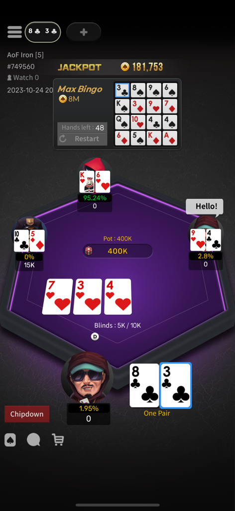 Competitive Texas Holdem poker match interface in the World Poker League app showing player avatars and community cards
