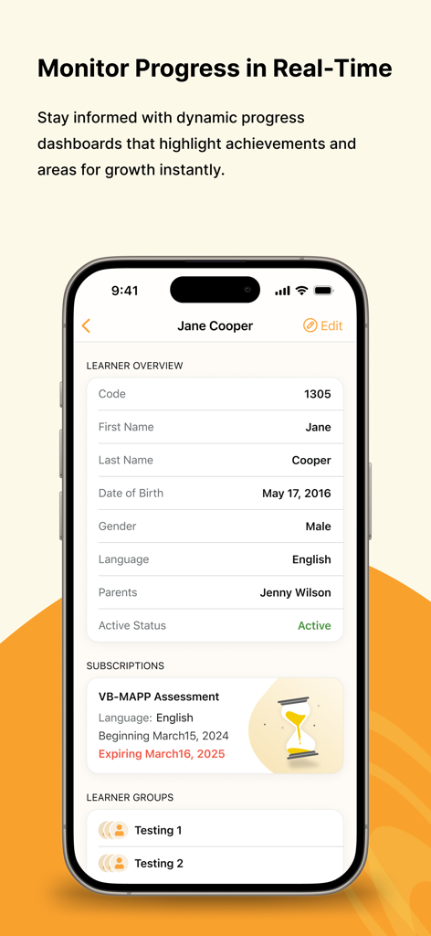 VBMAPP - VBMAPP mobile app interface showing a learner overview with student profile details and assessment tracking information