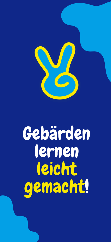 Pantalla de inicio de la aplicación anysign con un logo de mano haciendo señas de color amarillo y texto en alemán sobre cómo facilitar el aprendizaje de la lengua de señas