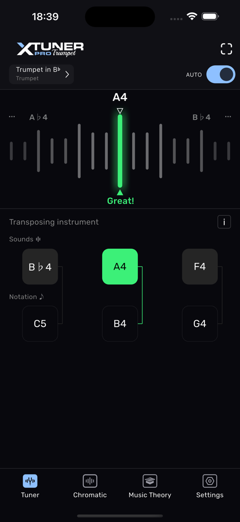 Trumpet Tuner – XTuner PRO - XTuner PRO app interface showing a trumpet tuned to A4 with transposition note mapping