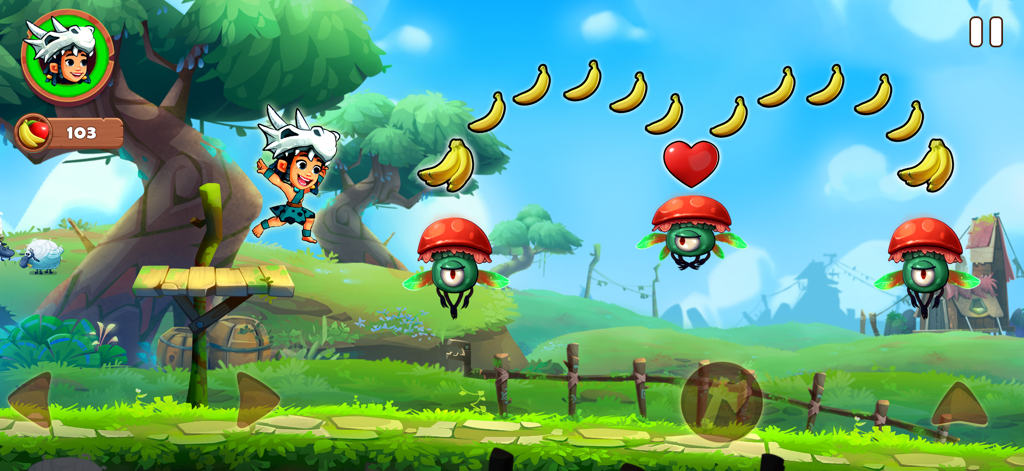 Jungle Adventures 4 - Addu jumping to collect a trail of bananas in a colorful jungle level.