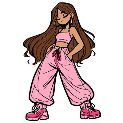 girl in baggy pants crop top and long hair