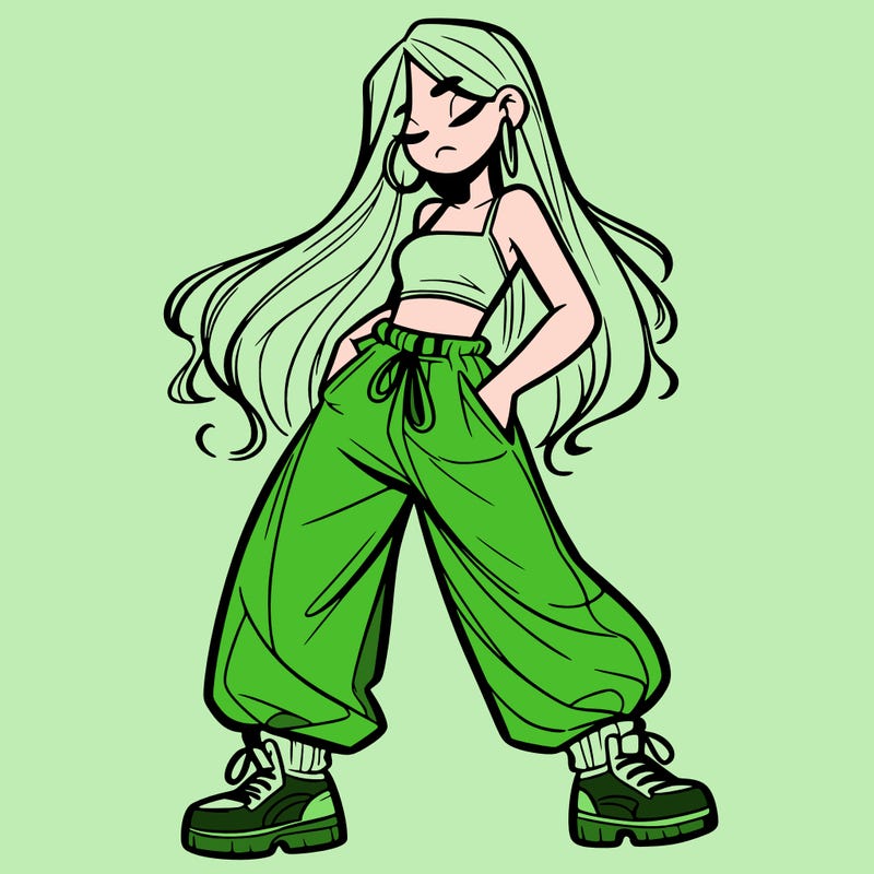 girl in baggy pants crop top and long hair