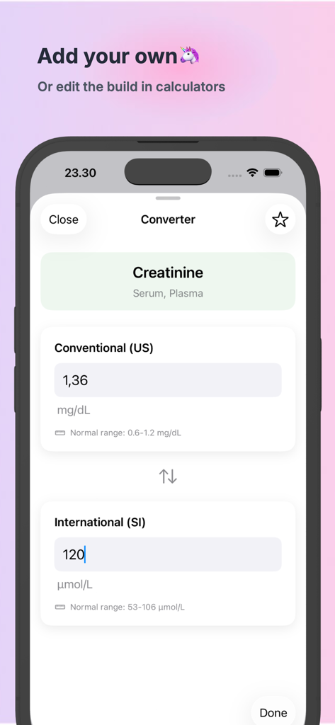 Screenshot of Lab Alpha Medical Converter showing a Creatinine unit conversion from US mg/dL to SI µmol/L.