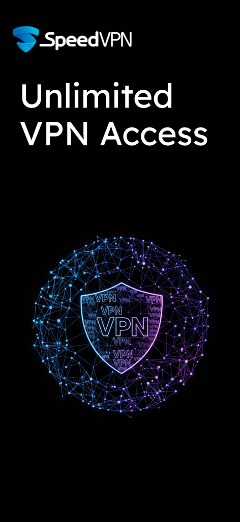 Interfaz de la aplicación Speed VPN que muestra acceso ilimitado con un gráfico de escudo digital seguro