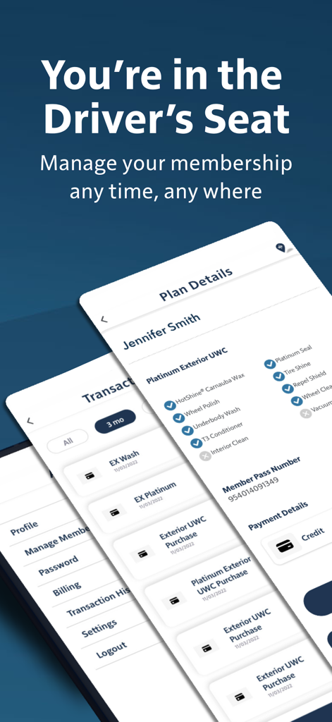 Mister Car Wash app interface showing plan details, membership management options, and transaction history.