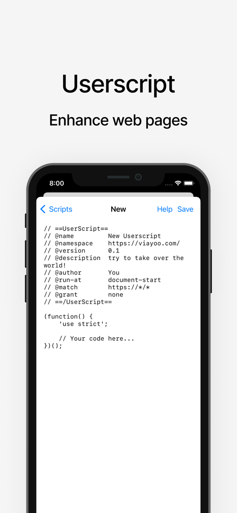 Schermata dello smartphone che mostra l'editor di script utente in Via Browser per personalizzare e migliorare le pagine web.