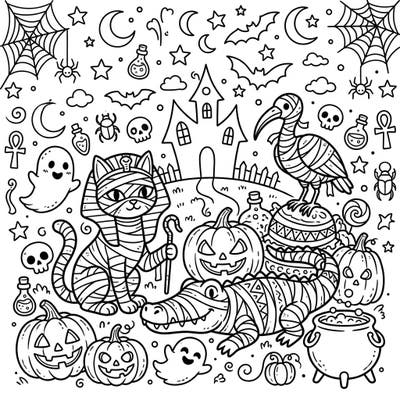 Get ready for a unique Halloween adventure with this fun coloring page featuring adorable mummified animals. From a regal mummy cat to a friendly mummy crocodile, these ancient creatures are ready for your creative touch!