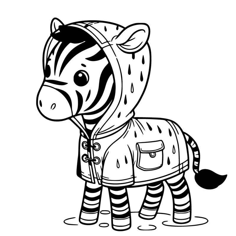 a skinny zebra with a rain jacket on him