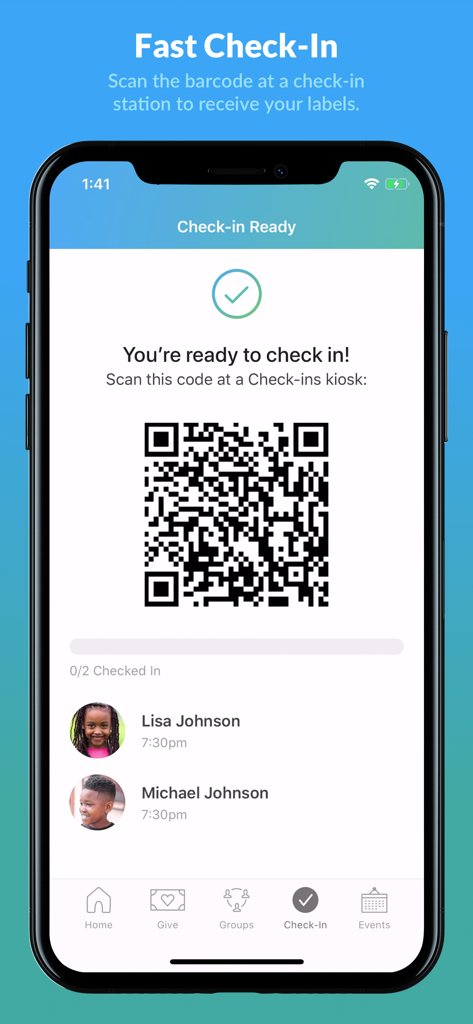 Une interface mobile montrant un code QR pour un enregistrement familial rapide à un kiosque de l'église.