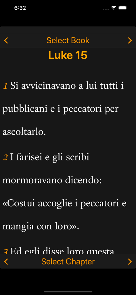 Italian-English Bible - Ein Mobil-Screenshot, der Verse aus Lukas Kapitel 15 in italienischem Text auf dunklem Hintergrund mit orangefarbenen Navigationsmenüs zeigt.