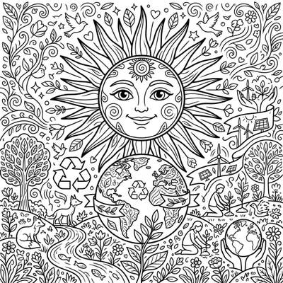 Illuminate your love for the planet with this intricate Midday Sun and Earth Day coloring page. It's a perfect blend of nature's beauty and the importance of environmental protection, ready for your creative touch.