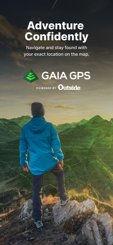 Gaia GPS: Mobile Trail Maps - Gaia GPS 앱의 녹색 등고선 지도 오버레이로 산을 내려다보는 등산객