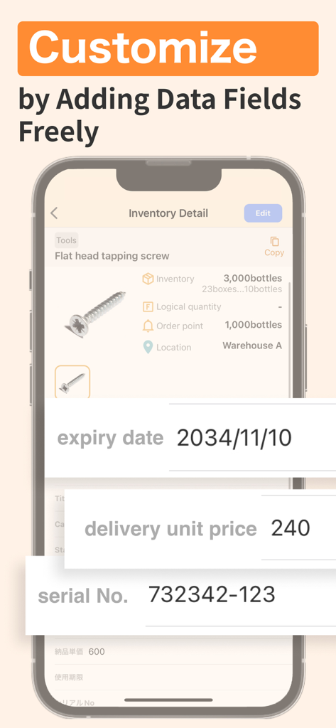 zaico - Easy Stock Management - A smartphone showing the zaico app interface with customizable inventory data fields such as expiry date, unit price, and serial number for a screw item.