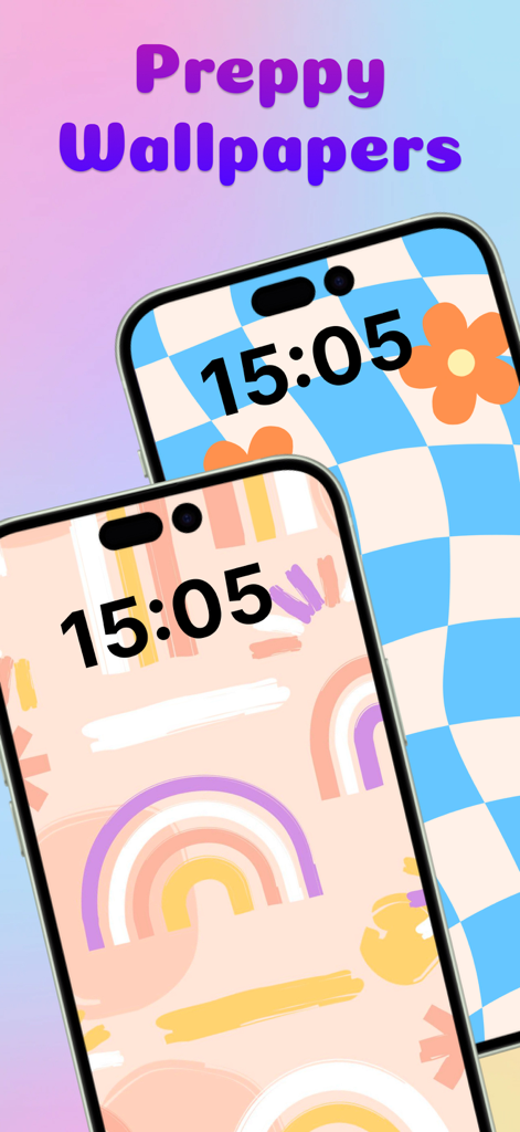 Preppy Wallpaper - Aesthetic - Dos iPhones mostrando lindos fondos de pantalla preppy con diseños de cuadros y arcoíris