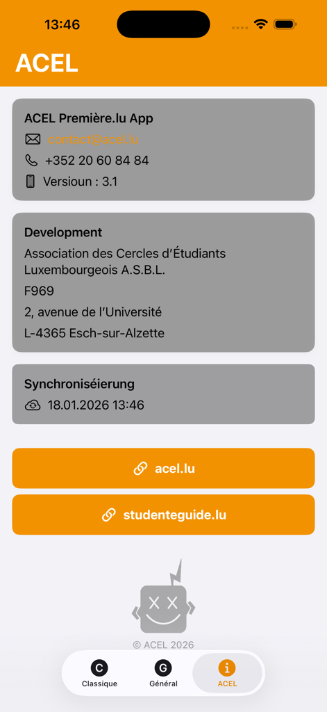Écran d'information de l'application PREMIERE.LU montrant les coordonnées et les liens officiels de l'Association des Cercles d'Étudiants Luxembourgeois.
