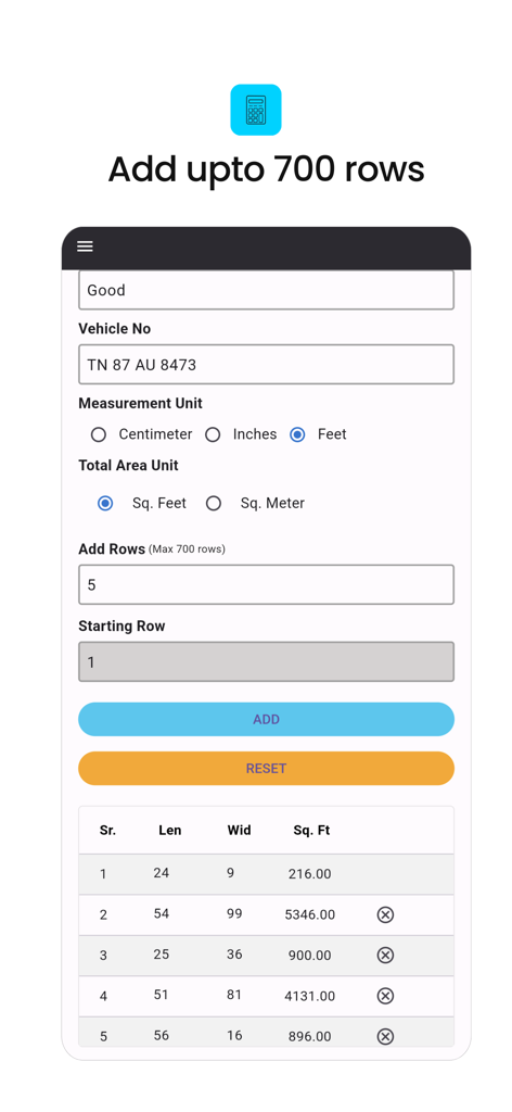 Slab Estimate - Slab Estimate app screen showing measurement unit selection and a calculation table for stone dimensions.