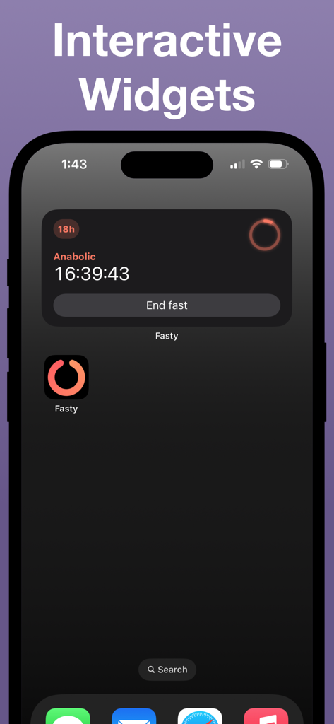 iPhone home screen displaying interactive fasting tracker widgets with a timer and end fast button