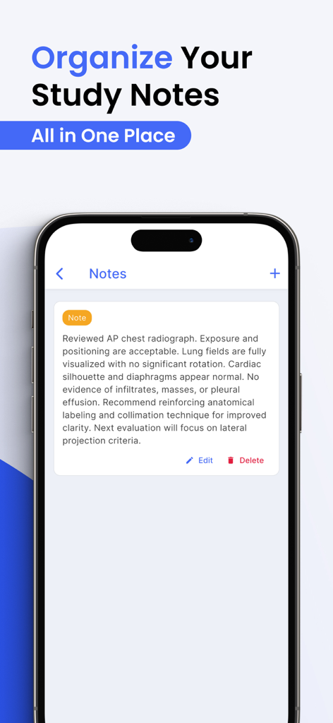 Prepry - Radiography Exam Prep - Smartphone interface showing organized study notes for radiography exam preparation