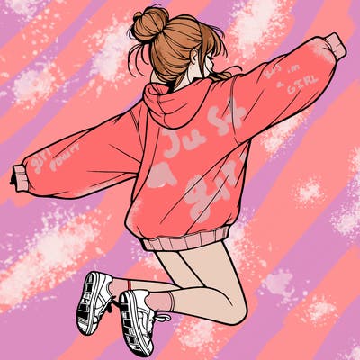 realistic girl jumping with a bun and oversized sweatshirt